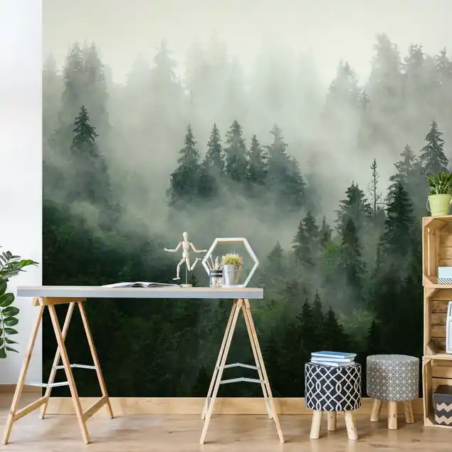 Jetzt Bestellen Tiefgrüner Tannenwald im Nebel                               Fototapete – Vlies Smart