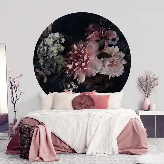 Aktuell Blumen mit Nebel auf Schwarz Runde Fototapete