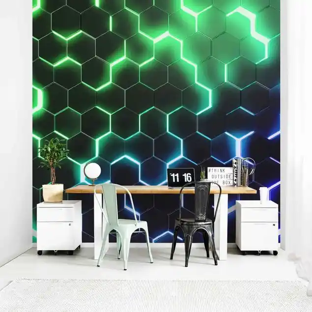 Expressversand Strukturierte Hexagone mit Neonlicht in Grün und Blau                               Fototapete – Vlies Smart