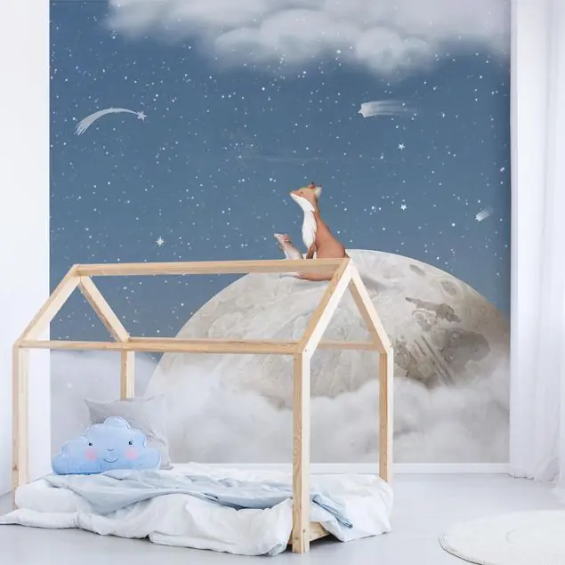 Angebot Fuchs und Maus auf dem Mond Blau                               Fototapete – Vlies Smart