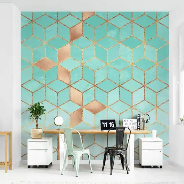 Preisknaller Türkis Weiß goldene Geometrie Fototapete – Vlies Smart
