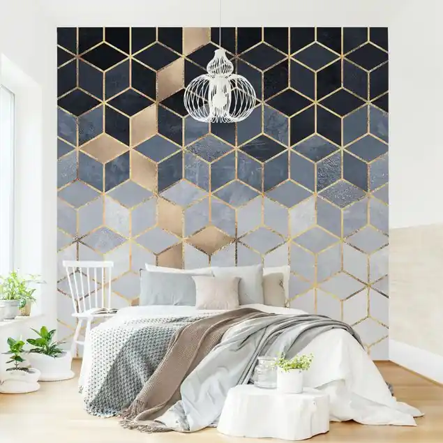 Blau Weiß goldene Geometrie                               Fototapete – Vlies Smart Letzte Chance