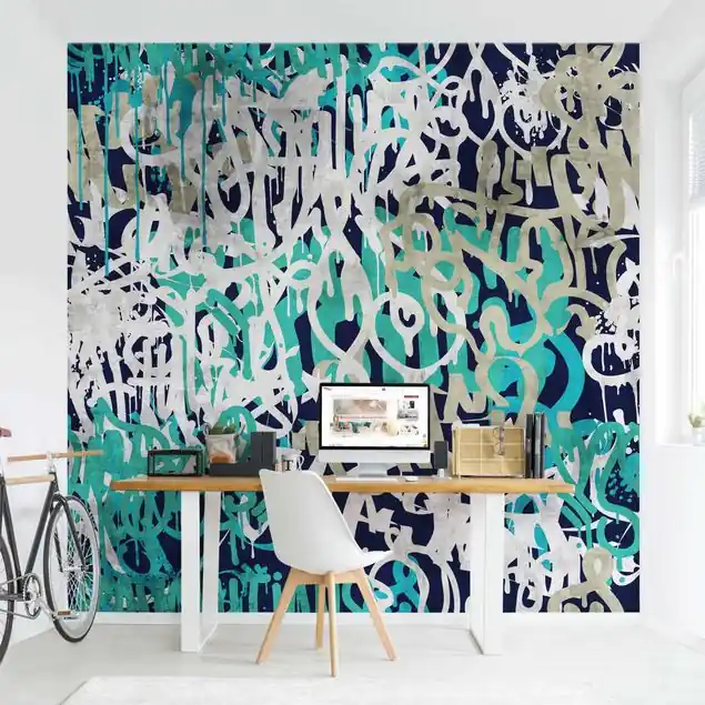 Zertifiziert Graffiti Art Tagged Wall Türkis Fototapete – Vlies Smart
