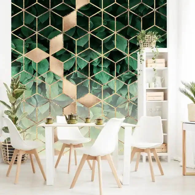 Markenprodukt Grüne Blätter goldene Geometrie Fototapete – Vlies Smart