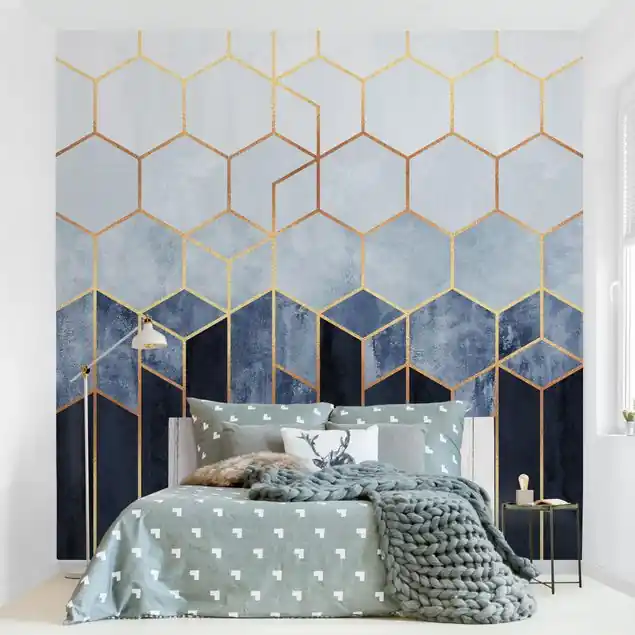 Top-Seller Goldene Sechsecke Blau Weiß Fototapete – Vlies Smart