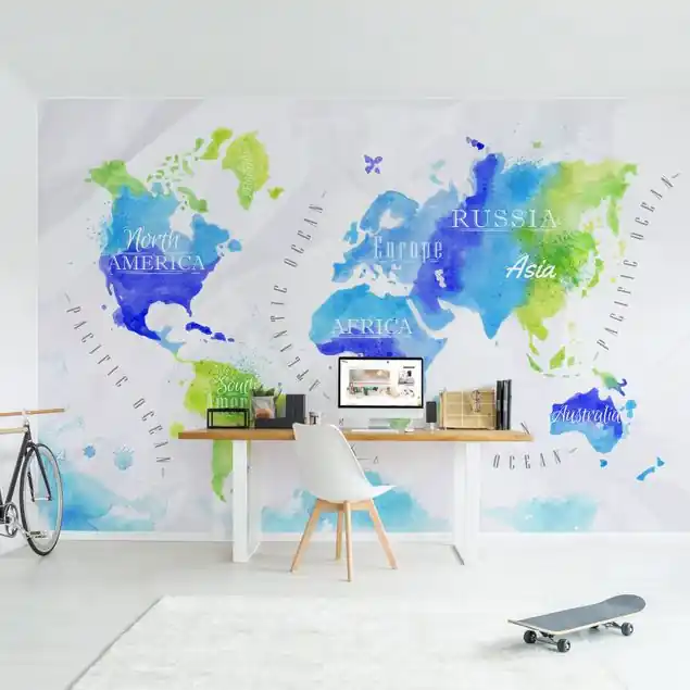Weltkarte Aquarell blau grün Fototapete – Vlies Smart Neu Im Sortiment