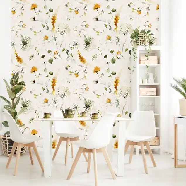 Wildblumen Aquarell Muster auf Beige                               Fototapete – Vlies Smart Kostenloser Versand