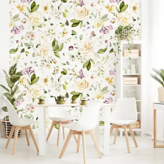 Wildblumen und Weiße Rosen Aquarell Muster Fototapete – Vlies Smart Heißes Angebot