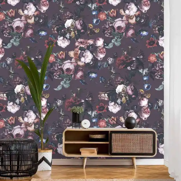 Altmeisterliche Blüten mit Tulpen und Rosen auf Lila                               Fototapete – Vlies Smart Top-Seller