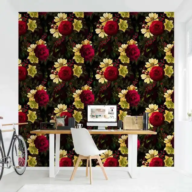 Weiße Blüten mit Roten Rosen Fototapete – Vlies Smart Bestpreis