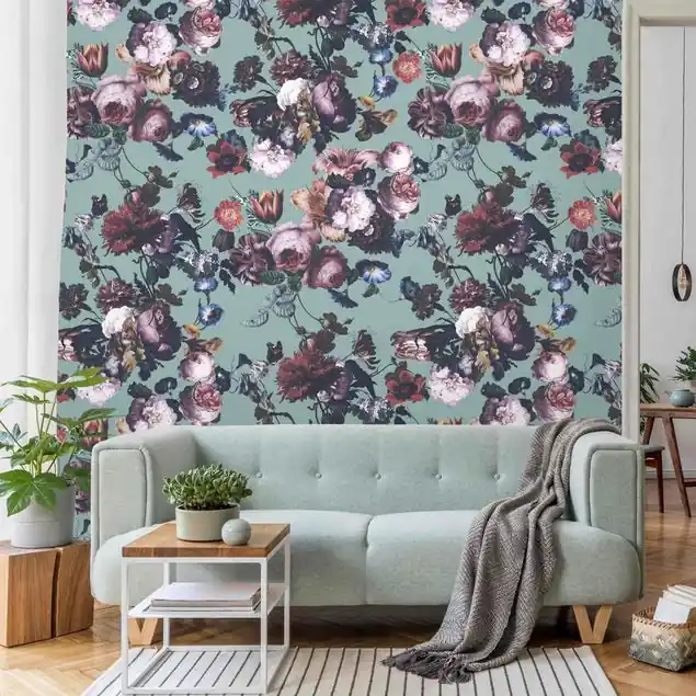 Altmeisterliche Blüten mit Tulpen und Rosen auf Blau                               Fototapete – Vlies Smart Geprüft