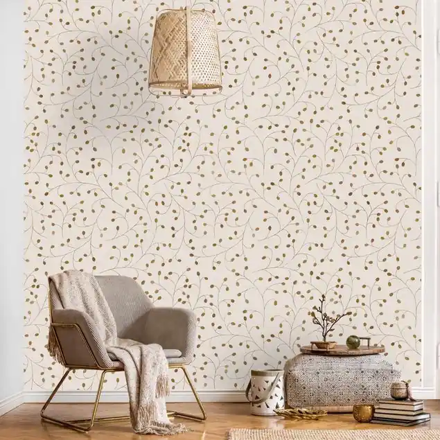 Zarte Zweige Muster mit Punkten in Gold Fototapete – Vlies Smart Must-Have