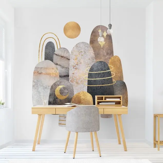 Aktuell Gold Berge mit Mond                               Fototapete – Vlies Smart