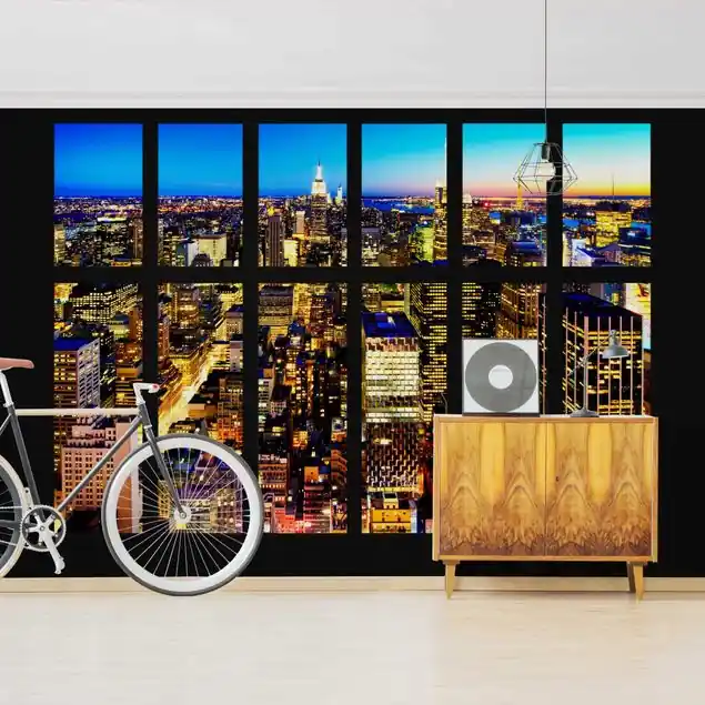 Zertifiziert Fensterblick Manhattan Skyline bei Nacht Fototapete – Vlies Smart