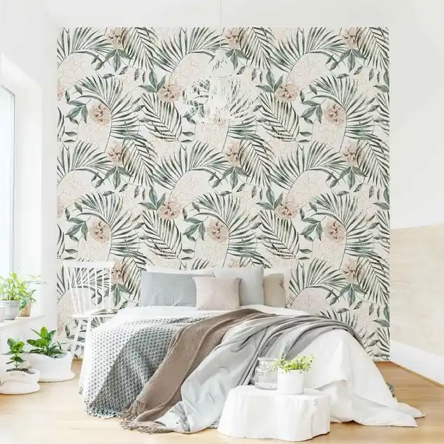 Zertifiziert Tropische Palmenbögen mit Rosen Aquarell Fototapete – Vlies Smart