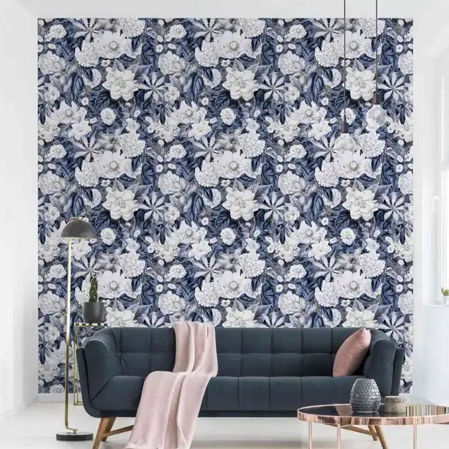 Weiße Blumen vor Blau Fototapete – Vlies Smart Sichere Zahlung