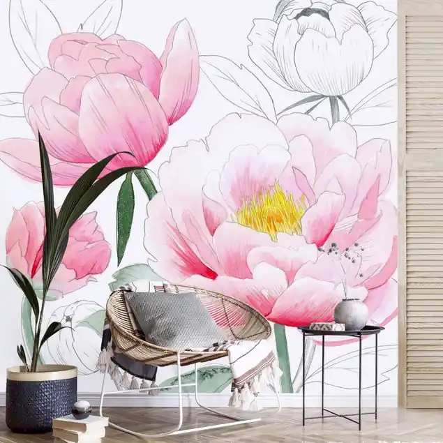 Zeichnung Rosa Päonien I Fototapete – Vlies Smart Sonderangebot