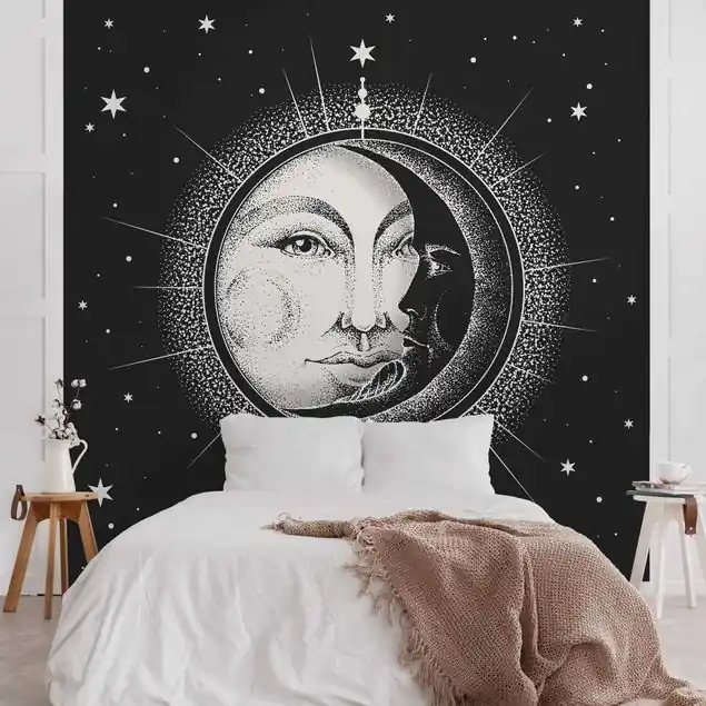 Aktuell Vintage Sonne und Mond Illustration Fototapete – Vlies Smart
