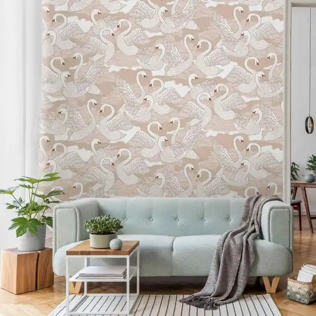 Weiße Schwäne auf Beige                               Fototapete – Vlies Smart Preiswert