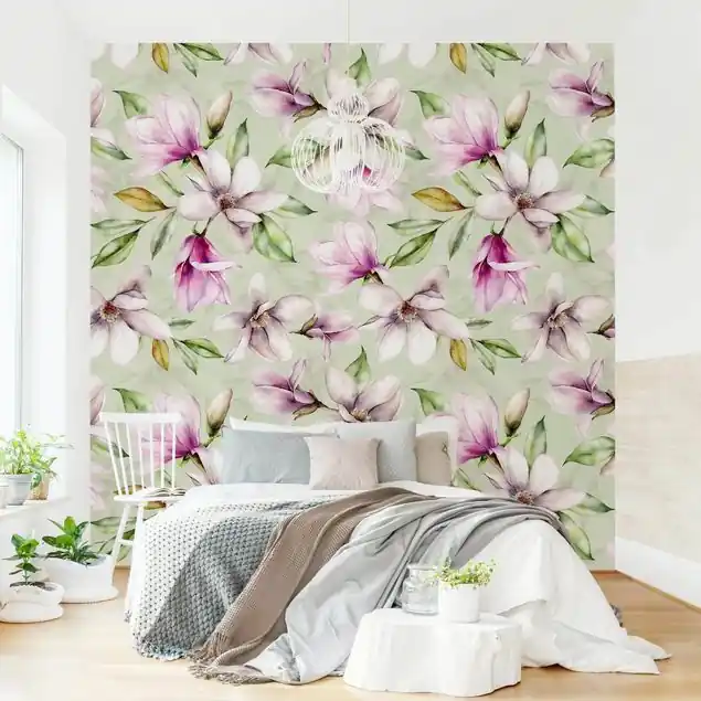 Abverkauf Magnolien Illustration auf Mint Fototapete – Vlies Smart