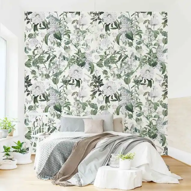 Weiße Blüten und Schmetterlinge Fototapete – Vlies Smart Echt