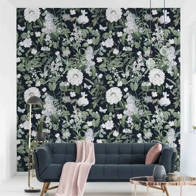 Weiße Blüten und Schmetterlinge auf Blau Fototapete – Vlies Smart Ausverkauf