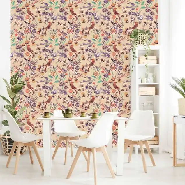 Aktuell Indisches Muster Vögel mit Blumen Beige                               Fototapete – Vlies Smart