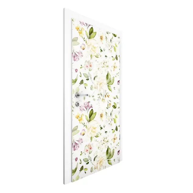 Wildblumen und Weiße Rosen Aquarell Muster Türtapete Neu