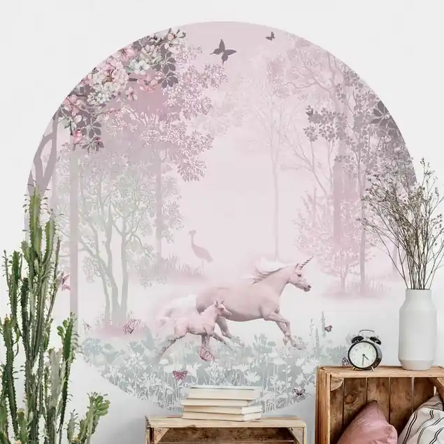 Zertifiziert Einhorn auf Blumenwiese in Rosa                               Runde Fototapete