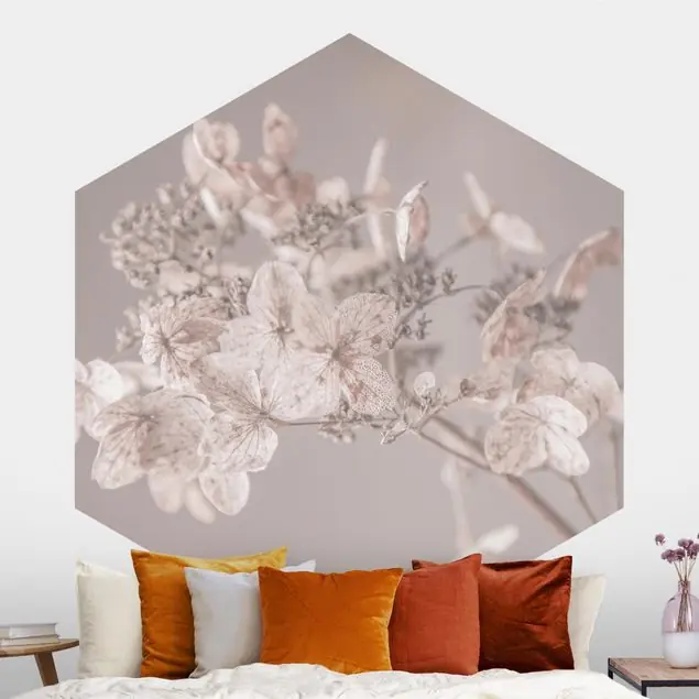 Zarte weiße Hortensie Hexagon Fototapete Highlight