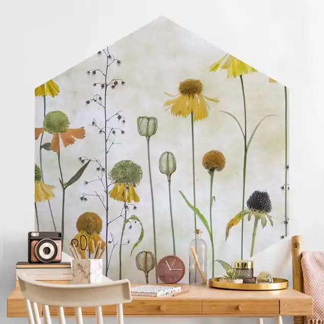 Zarte Helenium Blüten Hexagon Fototapete Expressversand