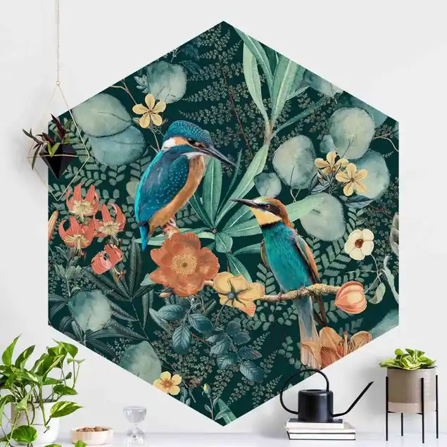Zertifiziert Blumenparadies Eisvogel und Kolibri                               Hexagon Fototapete