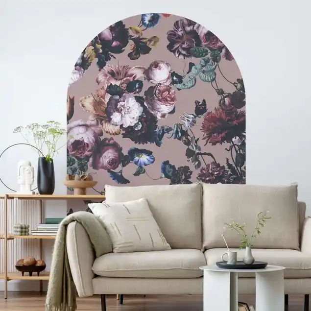 Altmeisterliche Blüten mit Tulpen und Rosen auf Beige                               Rundbogen Tapete Echt