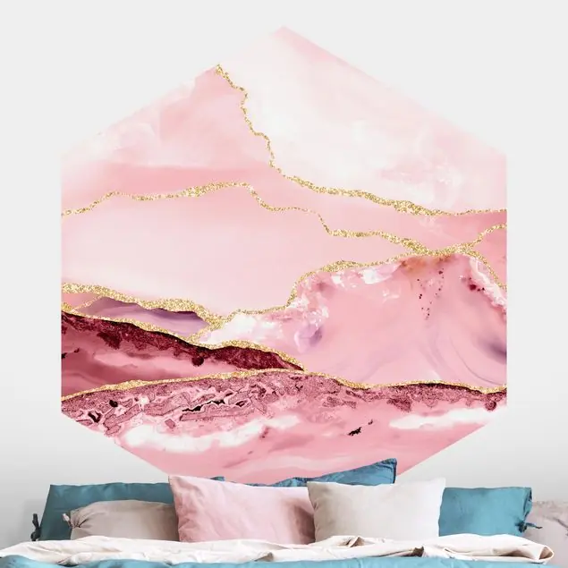 Abstrakte Berge Rosa mit Goldenen Linien Hexagon Fototapete Abverkauf