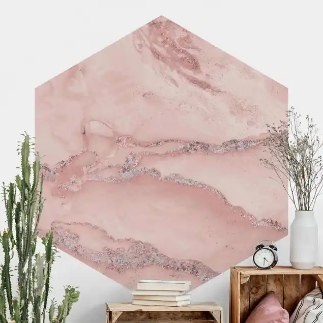 Aktuell Farbexperimente Marmor Rose und Glitzer Hexagon Fototapete