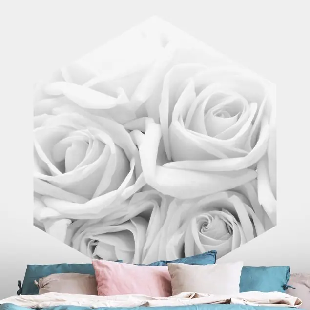 Weiße Rosen Schwarz-Weiß                               Hexagon Fototapete Gratis Versand