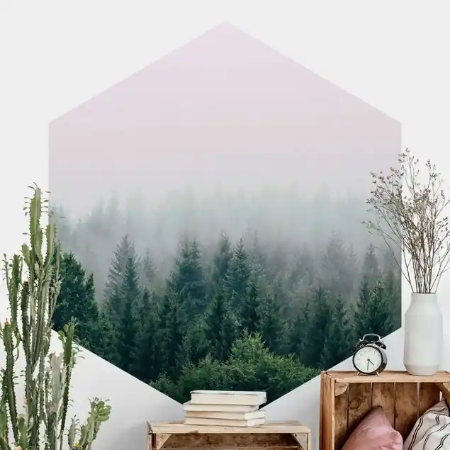 Aktuell Wald im Nebel Dämmerung Hexagon Fototapete