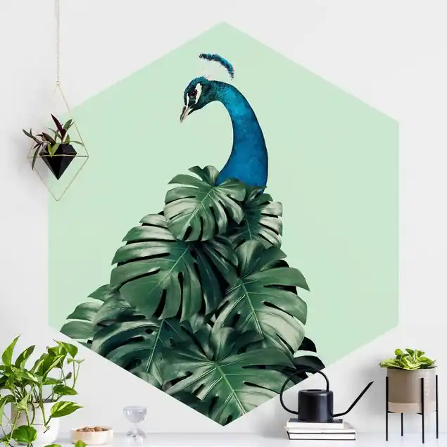 Angebot Pfau mit Monstera Blättern Hexagon Fototapete