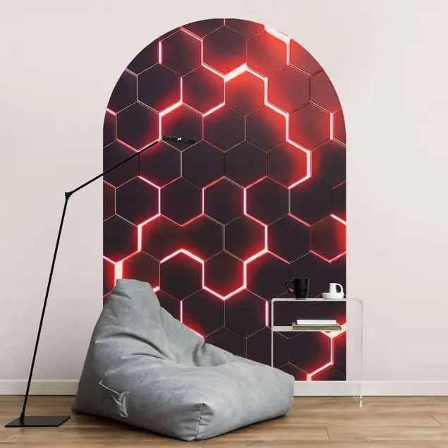 Wochenendangebot Strukturierte Hexagone mit Neonlicht in Rot Rundbogen Tapete