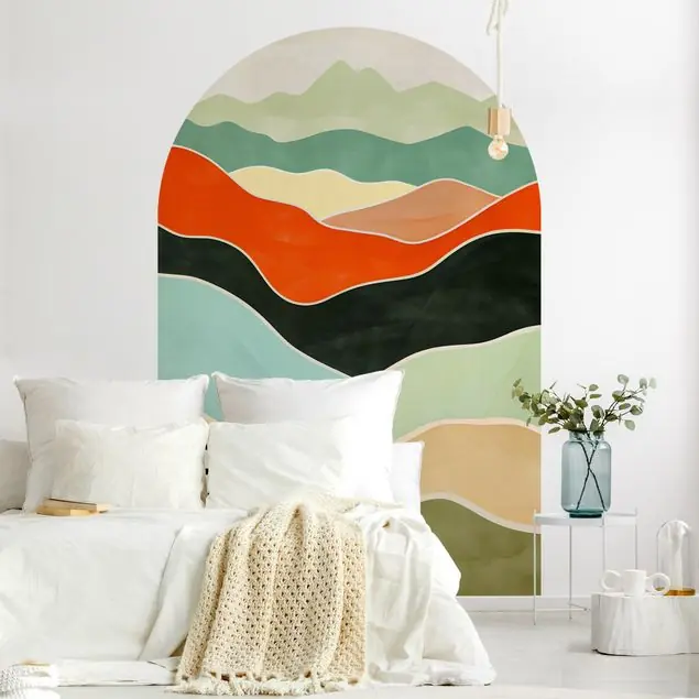 Abverkauf Minimalistische Boho Landschaft Grün Rot Rundbogen Tapete
