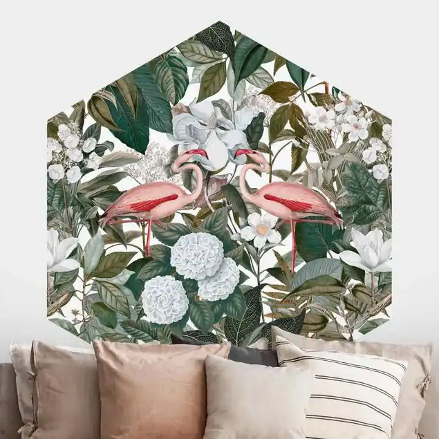Aktuell Rosa Flamingos mit Blättern und weißen Blumen                               Hexagon Mustertapete