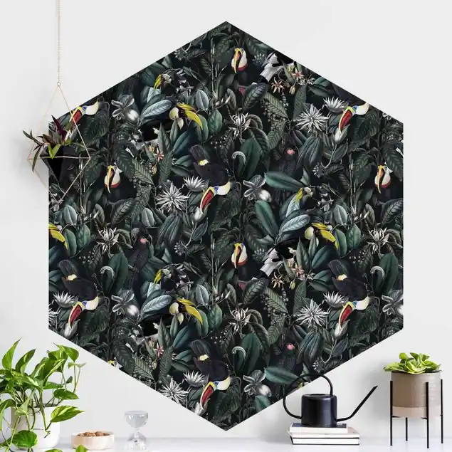 Angebot Vögel in dunkler Botanik                               Hexagon Fototapete