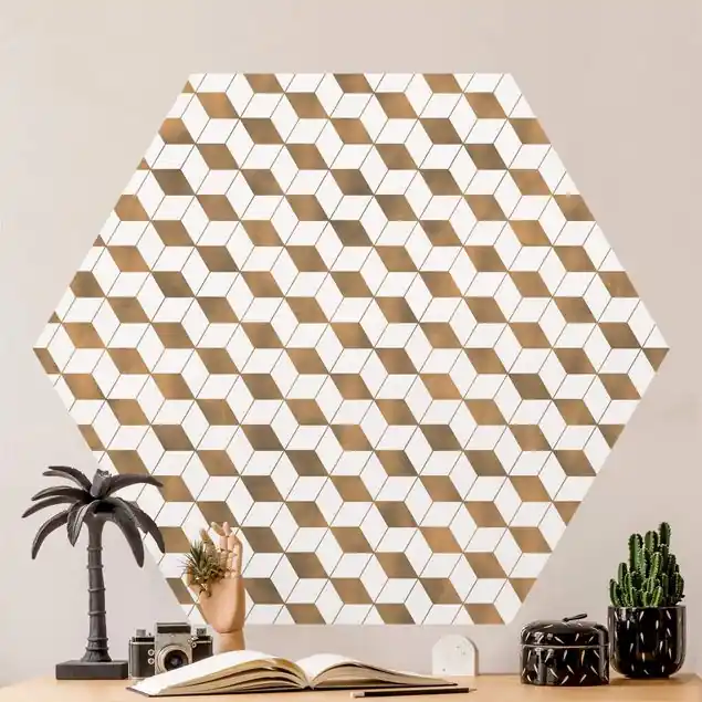 Würfel Muster in 3D Gold                               Hexagon Mustertapete Begrenztes Angebot