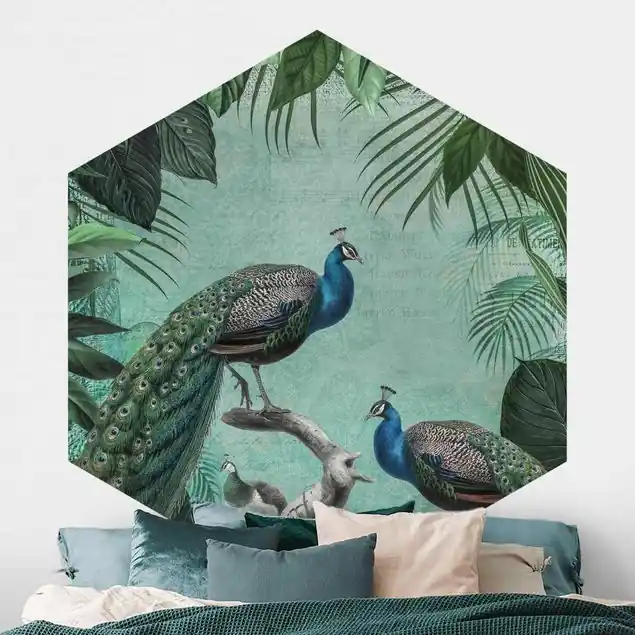 Angebot Shabby Chic Collage - Edler Pfau Hexagon Fototapete
