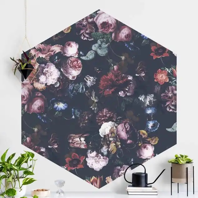 Altmeisterliche Blüten mit Tulpen und Rosen auf Dunkelgrau                               Hexagon Mustertapete Solange Der Vorrat Reicht
