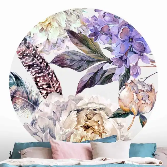Zartes Aquarell Boho Blüten und Federn Muster Runde Fototapete Highlight