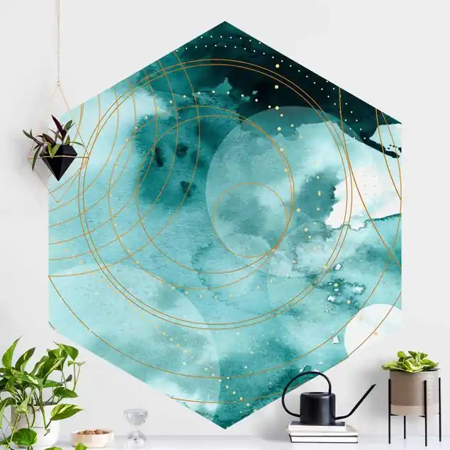 Aktuell Magischer goldener Sternenhimmel Hexagon Mustertapete