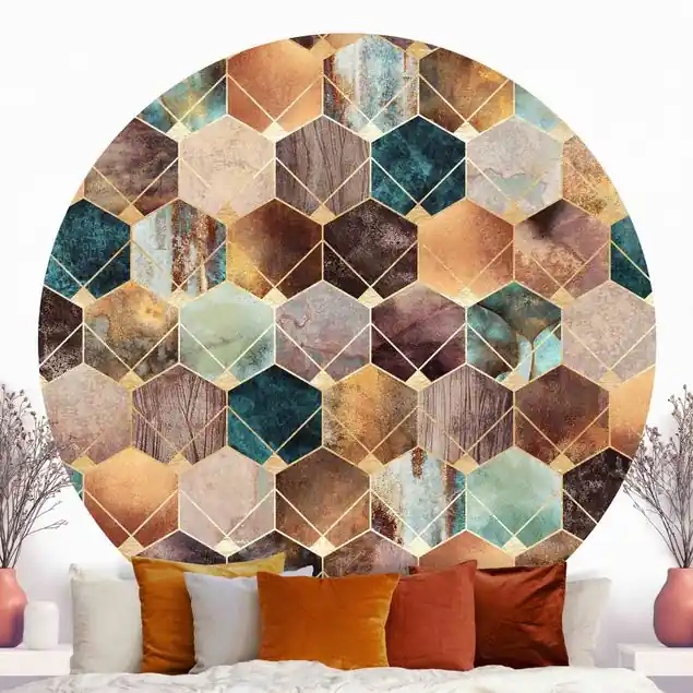 Zertifiziert Türkise Geometrie goldenes Art Deco Runde Mustertapete