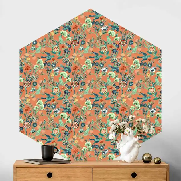 Aktuell Indisches Muster Vögel mit Blumen Orange                               Hexagon Fototapete