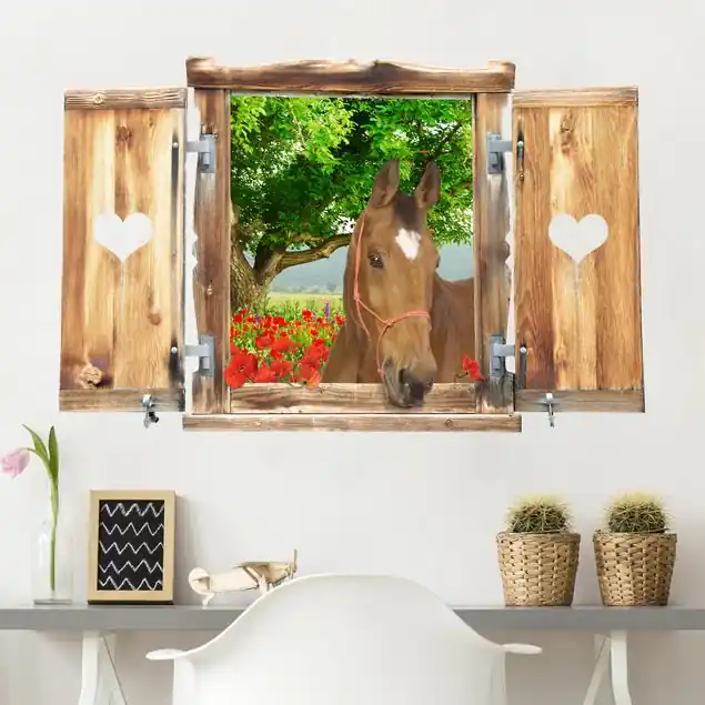 Preis Gesenkt Fenster mit Herz und Pferd Sommerwiese